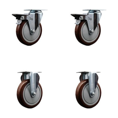 Service Caster 5'' Maroon Poly Wheel Swivel Top Plate Caster Set with 2 Posi Brakes 2 Rigid, 4PK SCC-20S514-PPUB-MRN-PLB-2-R-2